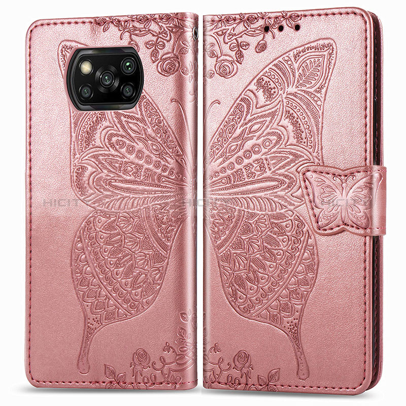 Funda de Cuero Cartera con Soporte Mariposa Carcasa para Xiaomi Poco X3 NFC Rosa