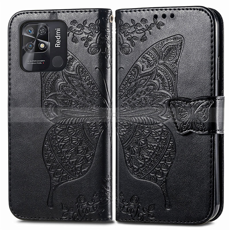 Funda de Cuero Cartera con Soporte Mariposa Carcasa para Xiaomi Redmi 10 Power Negro