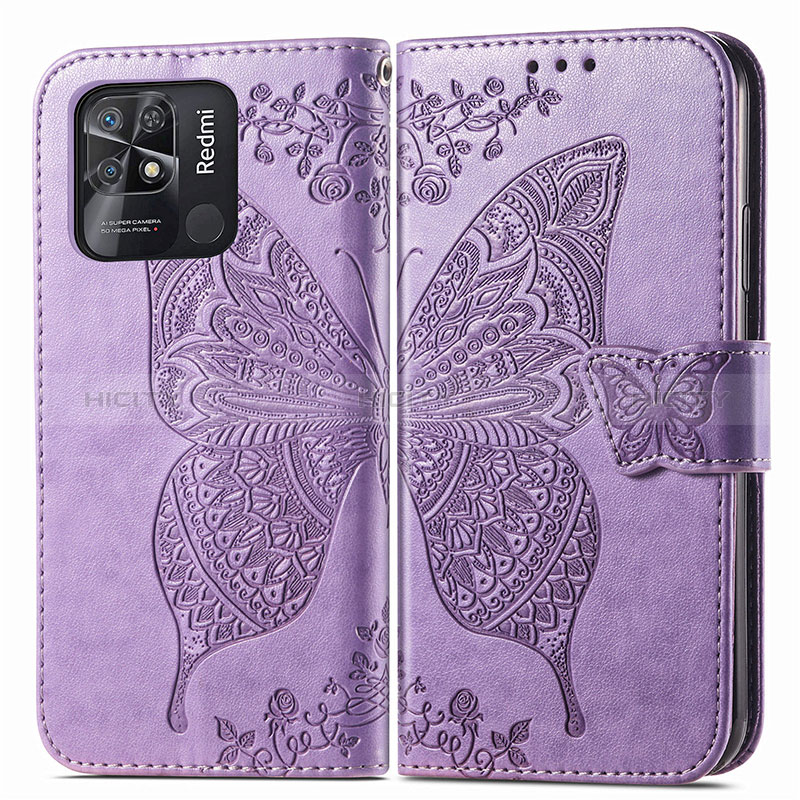 Funda de Cuero Cartera con Soporte Mariposa Carcasa para Xiaomi Redmi 10 Power Purpura Claro