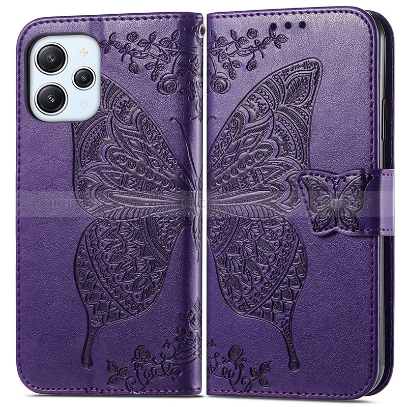 Funda de Cuero Cartera con Soporte Mariposa Carcasa para Xiaomi Redmi 12 4G Morado