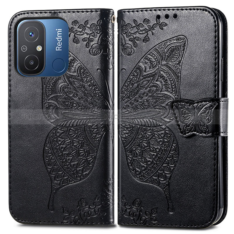 Funda de Cuero Cartera con Soporte Mariposa Carcasa para Xiaomi Redmi 12C 4G Negro