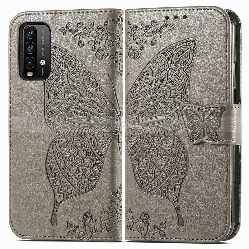 Funda de Cuero Cartera con Soporte Mariposa Carcasa para Xiaomi Redmi 9 Power Gris