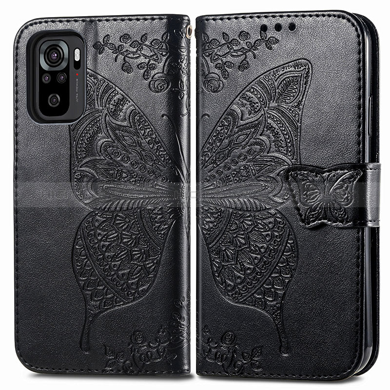 Funda de Cuero Cartera con Soporte Mariposa Carcasa para Xiaomi Redmi Note 10 4G Negro