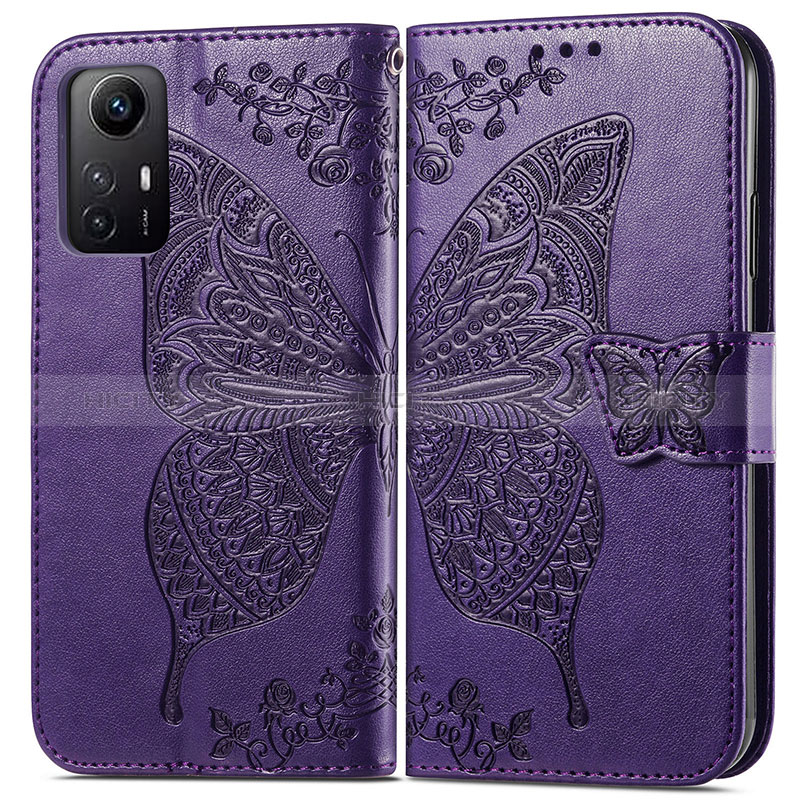 Funda de Cuero Cartera con Soporte Mariposa Carcasa para Xiaomi Redmi Note 12S Morado