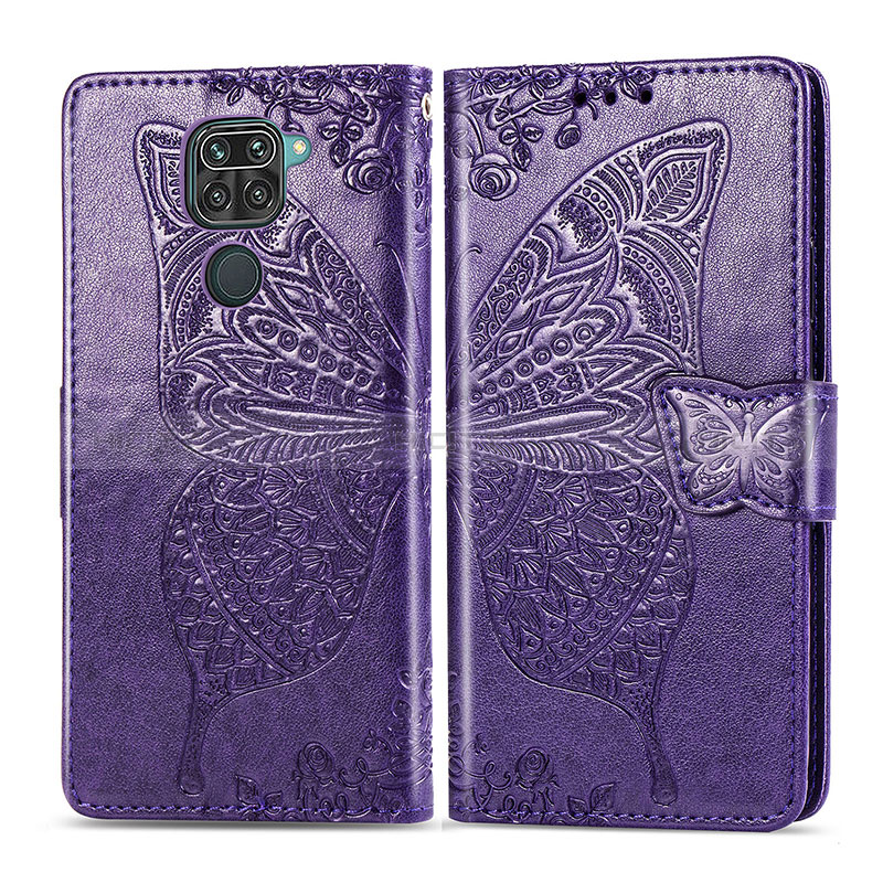 Funda de Cuero Cartera con Soporte Mariposa Carcasa para Xiaomi Redmi Note 9 Morado