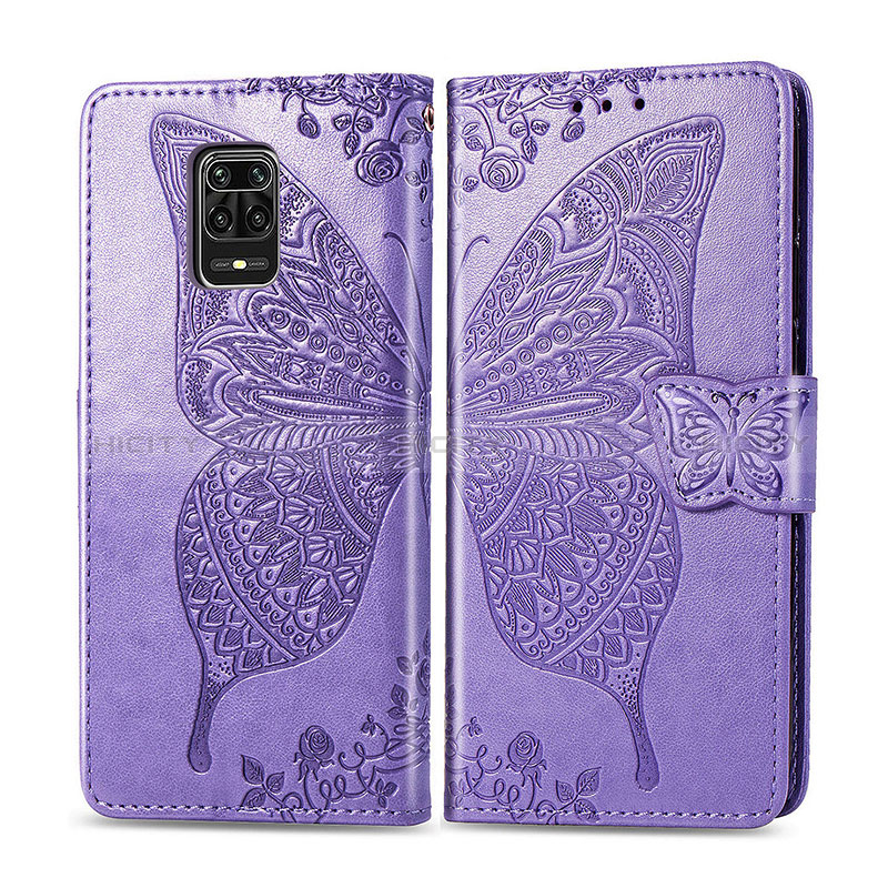 Funda de Cuero Cartera con Soporte Mariposa Carcasa para Xiaomi Redmi Note 9 Pro Purpura Claro