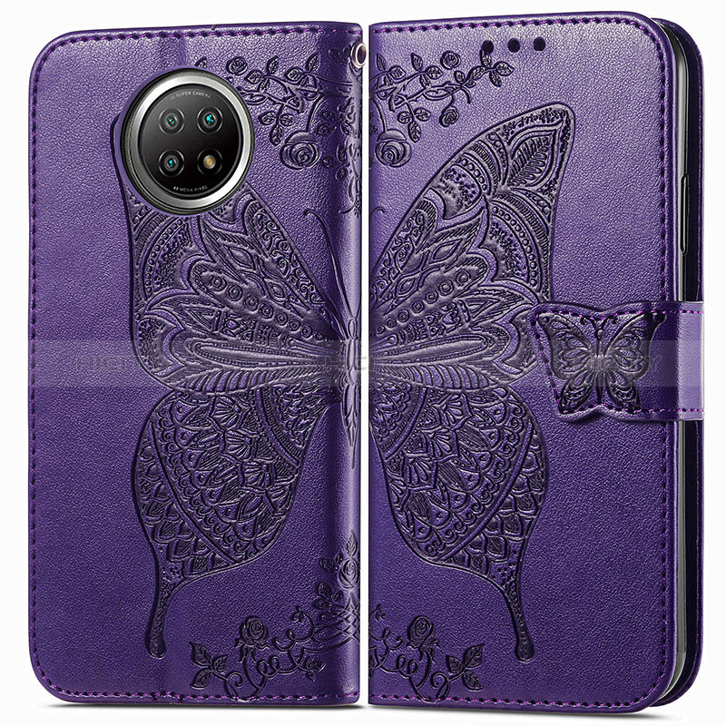 Funda de Cuero Cartera con Soporte Mariposa Carcasa para Xiaomi Redmi Note 9T 5G Morado