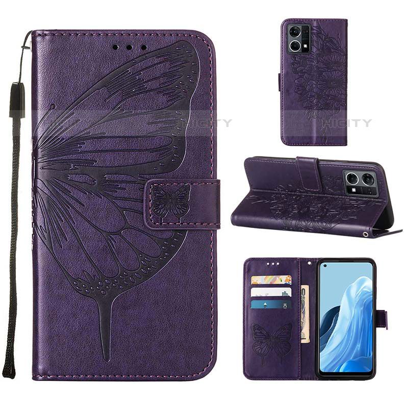 Funda de Cuero Cartera con Soporte Mariposa Carcasa Y01B para Oppo Reno7 4G Morado