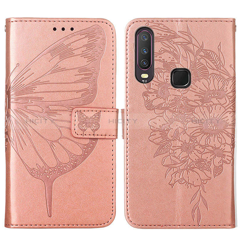 Funda de Cuero Cartera con Soporte Mariposa Carcasa Y01B para Vivo Y3s Oro Rosa