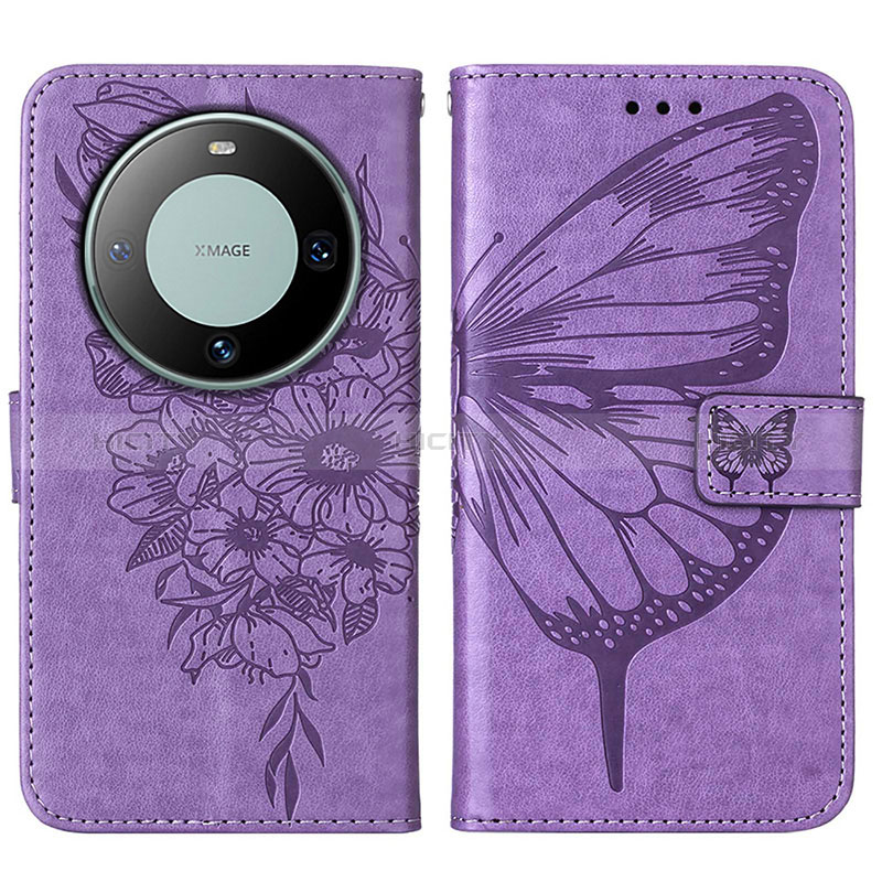 Funda de Cuero Cartera con Soporte Mariposa Carcasa YB2 para Huawei Mate 60 Pro+ Plus Purpura Claro