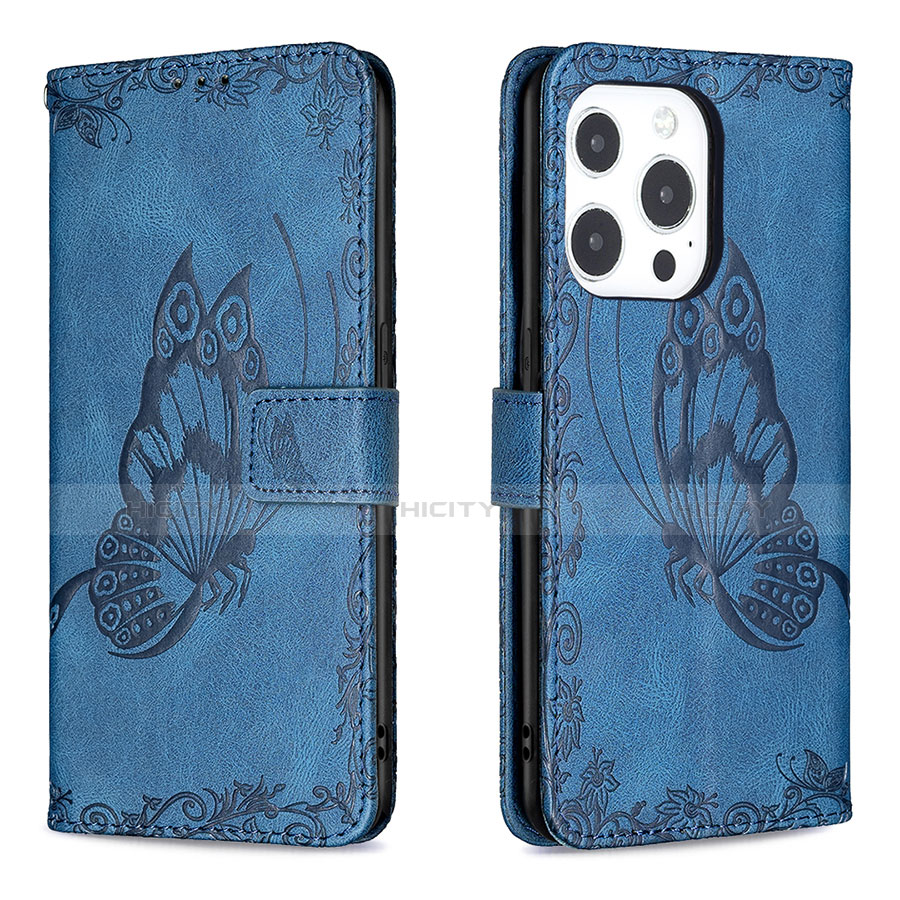 Funda de Cuero Cartera con Soporte Mariposa Carcasa Z01 para Apple iPhone 14 Pro Azul