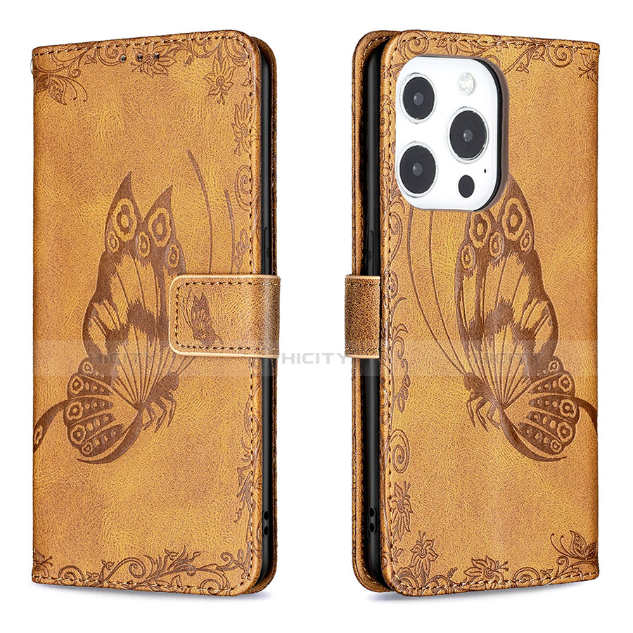 Funda de Cuero Cartera con Soporte Mariposa Carcasa Z01 para Apple iPhone 14 Pro Max Marron