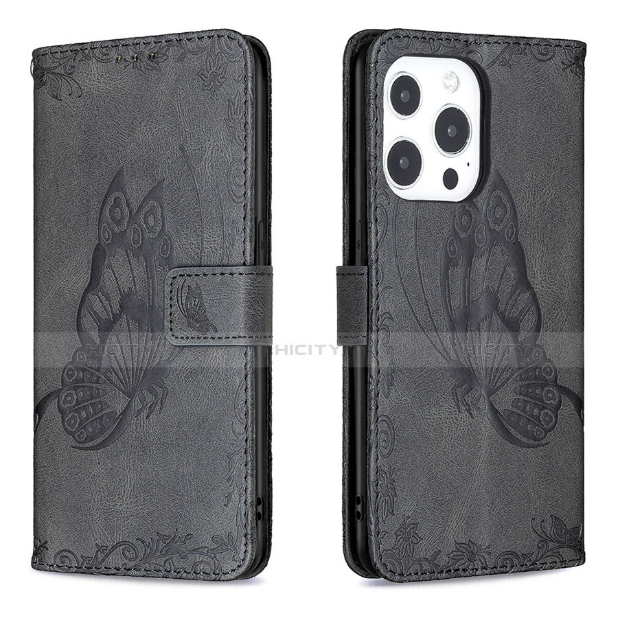 Funda de Cuero Cartera con Soporte Mariposa Carcasa Z01 para Apple iPhone 14 Pro Max Negro