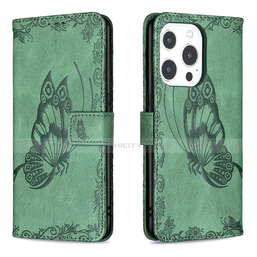 Funda de Cuero Cartera con Soporte Mariposa Carcasa Z01 para Apple iPhone 14 Pro Max Verde