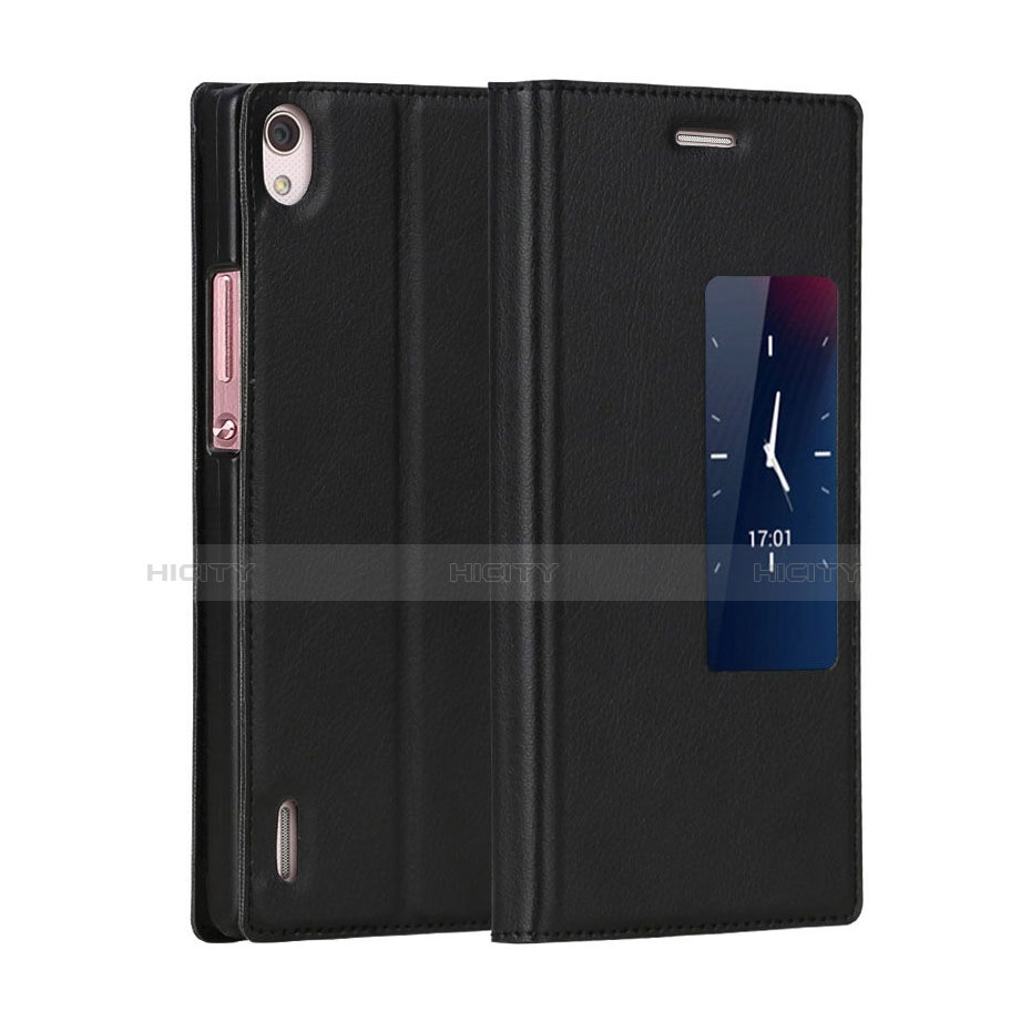 Funda de Cuero Cartera con Soporte para Huawei Ascend P7 Negro