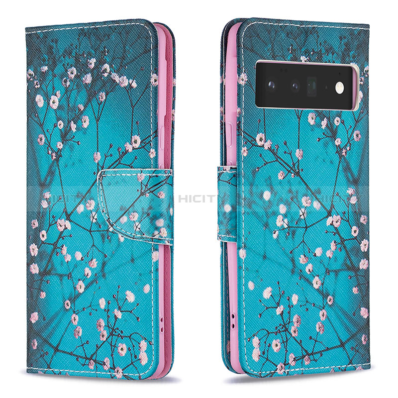 Funda de Cuero Cartera con Soporte Patron de Moda Carcasa B01F para Google Pixel 6 Pro 5G Cian