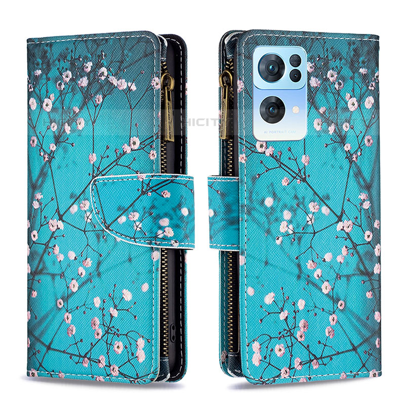 Funda de Cuero Cartera con Soporte Patron de Moda Carcasa B04F para Oppo Reno7 Pro 5G Cian