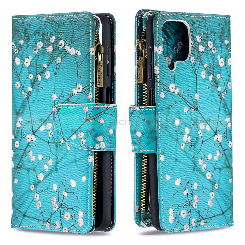 Funda de Cuero Cartera con Soporte Patron de Moda Carcasa B04F para Samsung Galaxy F12 Cian