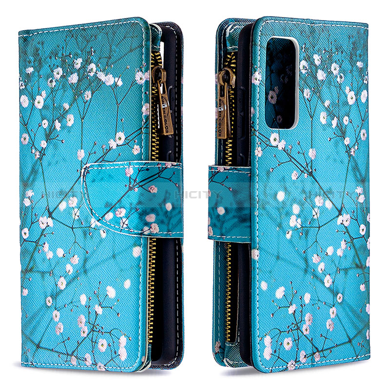 Funda de Cuero Cartera con Soporte Patron de Moda Carcasa B04F para Samsung Galaxy S20 FE 4G Cian