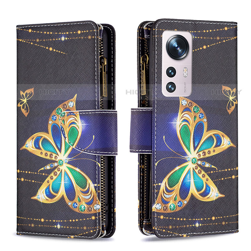 Funda de Cuero Cartera con Soporte Patron de Moda Carcasa B04F para Xiaomi Mi 12S Pro 5G Oro y Negro