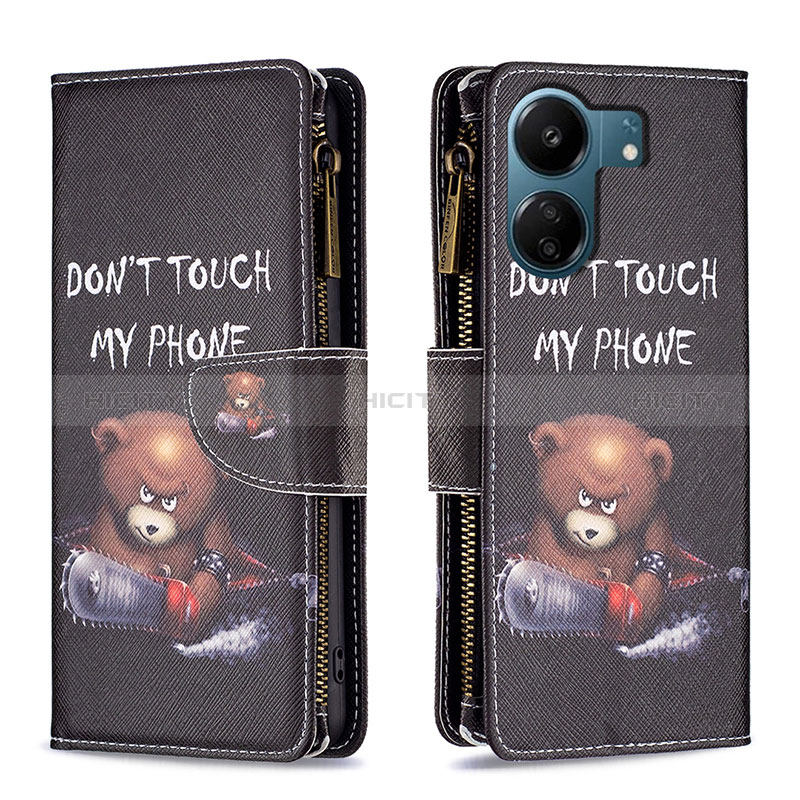 Funda de Cuero Cartera con Soporte Patron de Moda Carcasa B04F para Xiaomi Redmi 13C Gris Oscuro