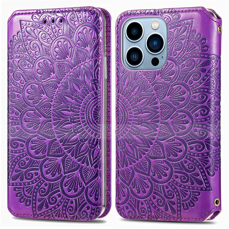 Funda de Cuero Cartera con Soporte Patron de Moda Carcasa H01 para Apple iPhone 13 Pro Morado