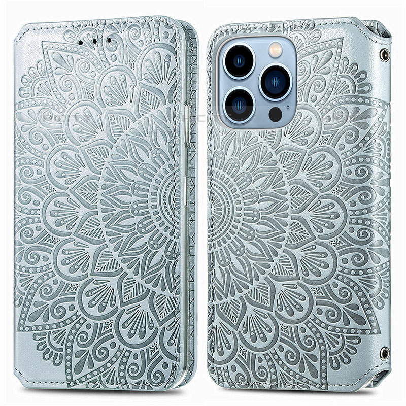 Funda de Cuero Cartera con Soporte Patron de Moda Carcasa H01 para Apple iPhone 16 Pro Max Plata