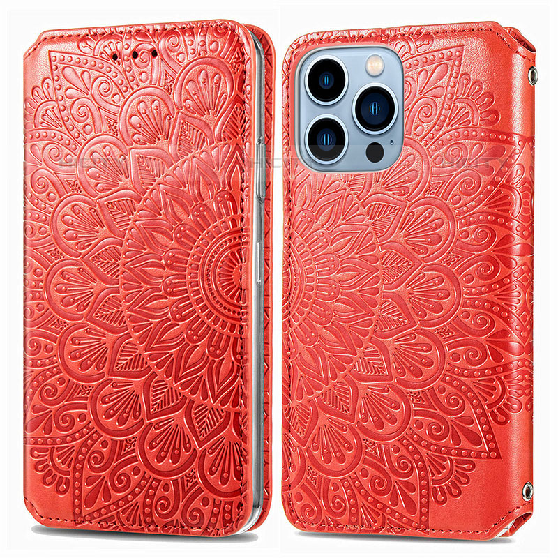 Funda de Cuero Cartera con Soporte Patron de Moda Carcasa H01 para Apple iPhone 16 Pro Max Rojo