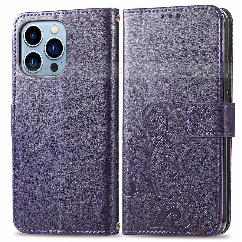 Funda de Cuero Cartera con Soporte Patron de Moda Carcasa H03 para Apple iPhone 15 Pro Max Morado