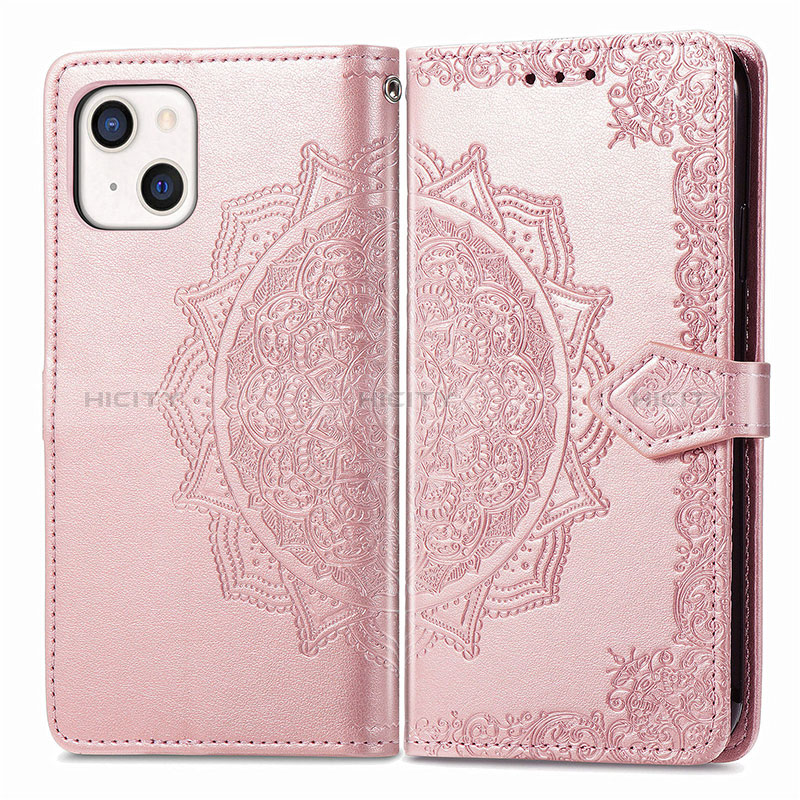 Funda de Cuero Cartera con Soporte Patron de Moda Carcasa H05 para Apple iPhone 15 Oro Rosa