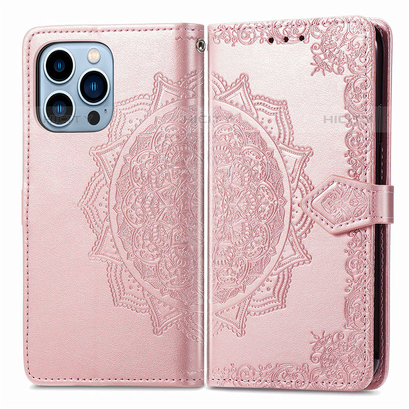 Funda de Cuero Cartera con Soporte Patron de Moda Carcasa H06 para Apple iPhone 16 Pro Max Oro Rosa