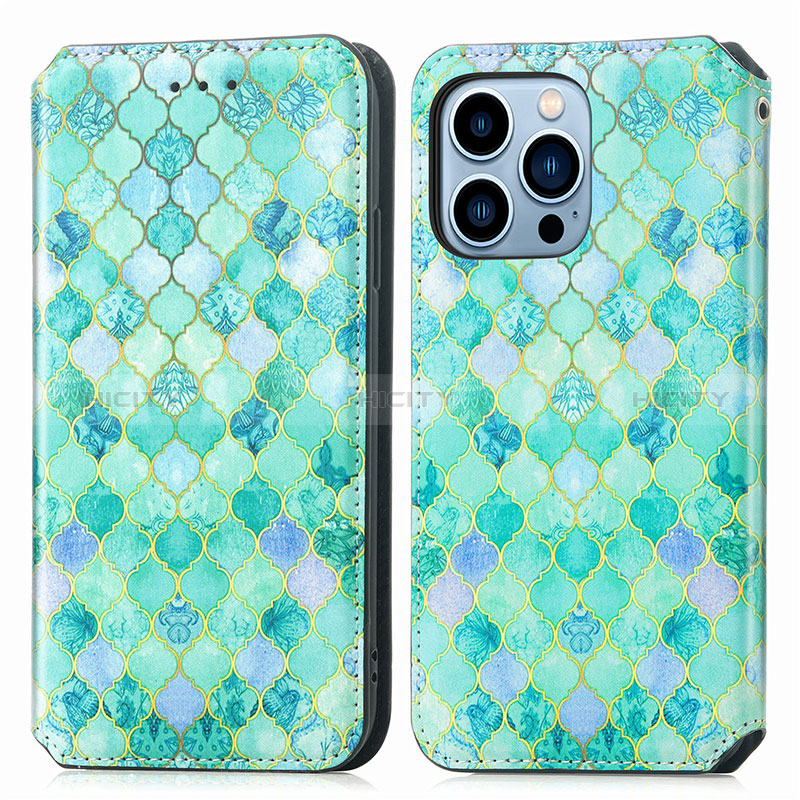 Funda de Cuero Cartera con Soporte Patron de Moda Carcasa H10 para Apple iPhone 14 Pro Verde