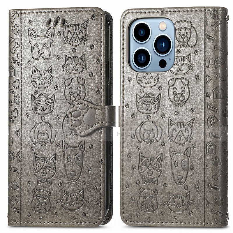 Funda de Cuero Cartera con Soporte Patron de Moda Carcasa H12 para Apple iPhone 13 Pro Max Gris