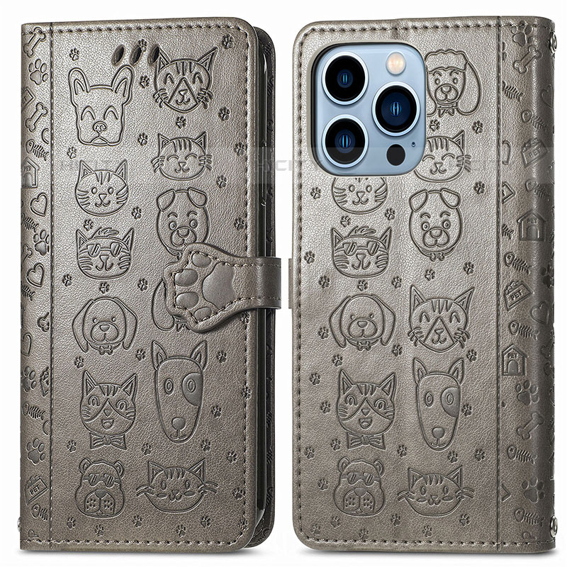 Funda de Cuero Cartera con Soporte Patron de Moda Carcasa H12 para Apple iPhone 15 Pro Max Gris