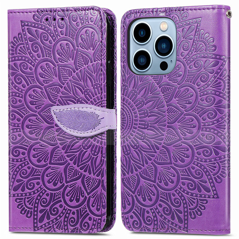 Funda de Cuero Cartera con Soporte Patron de Moda Carcasa H13 para Apple iPhone 13 Pro Max Morado