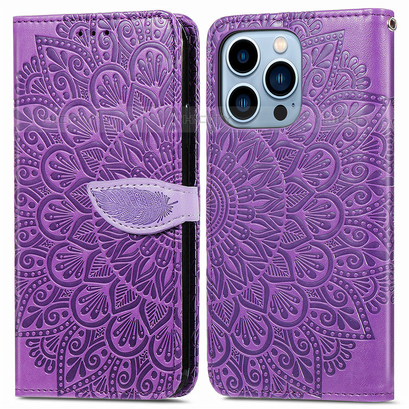 Funda de Cuero Cartera con Soporte Patron de Moda Carcasa H13 para Apple iPhone 15 Pro Max Morado