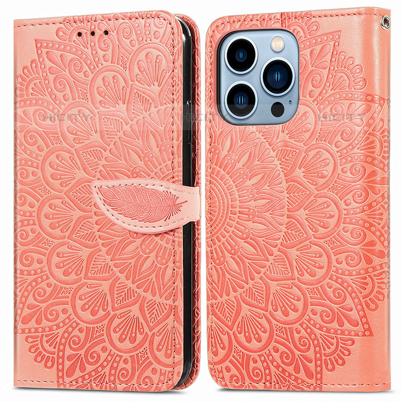 Funda de Cuero Cartera con Soporte Patron de Moda Carcasa H13 para Apple iPhone 16 Pro Max Naranja