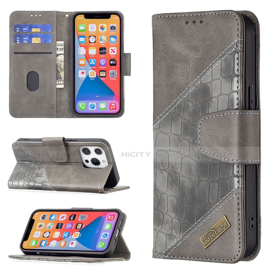 Funda de Cuero Cartera con Soporte Patron de Moda Carcasa L05 para Apple iPhone 13 Pro Max Gris