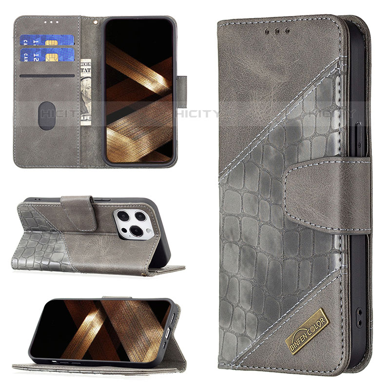 Funda de Cuero Cartera con Soporte Patron de Moda Carcasa L05 para Apple iPhone 15 Pro Gris