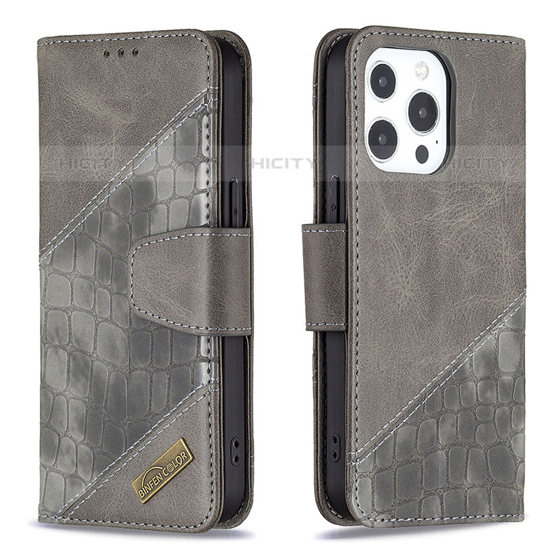 Funda de Cuero Cartera con Soporte Patron de Moda Carcasa L05 para Apple iPhone 15 Pro Max Gris