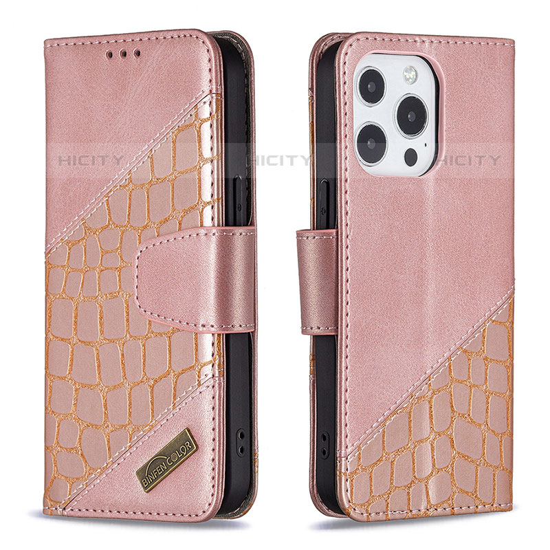 Funda de Cuero Cartera con Soporte Patron de Moda Carcasa L05 para Apple iPhone 15 Pro Max Oro Rosa