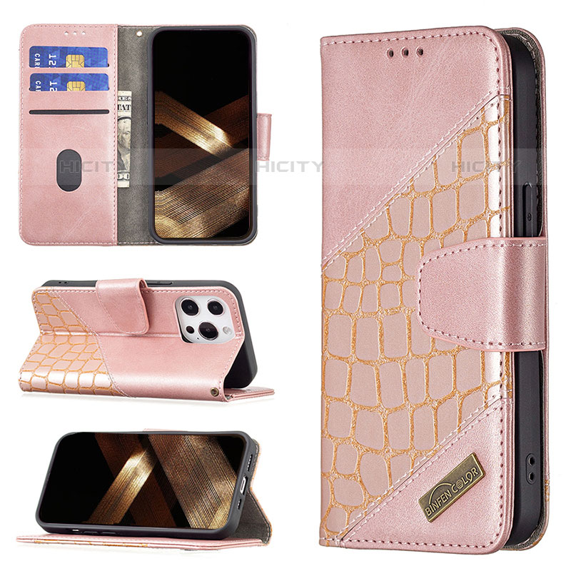 Funda de Cuero Cartera con Soporte Patron de Moda Carcasa L05 para Apple iPhone 15 Pro Max Oro Rosa