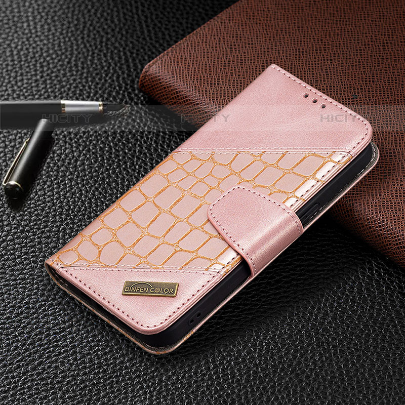 Funda de Cuero Cartera con Soporte Patron de Moda Carcasa L05 para Apple iPhone 15 Pro Max Oro Rosa