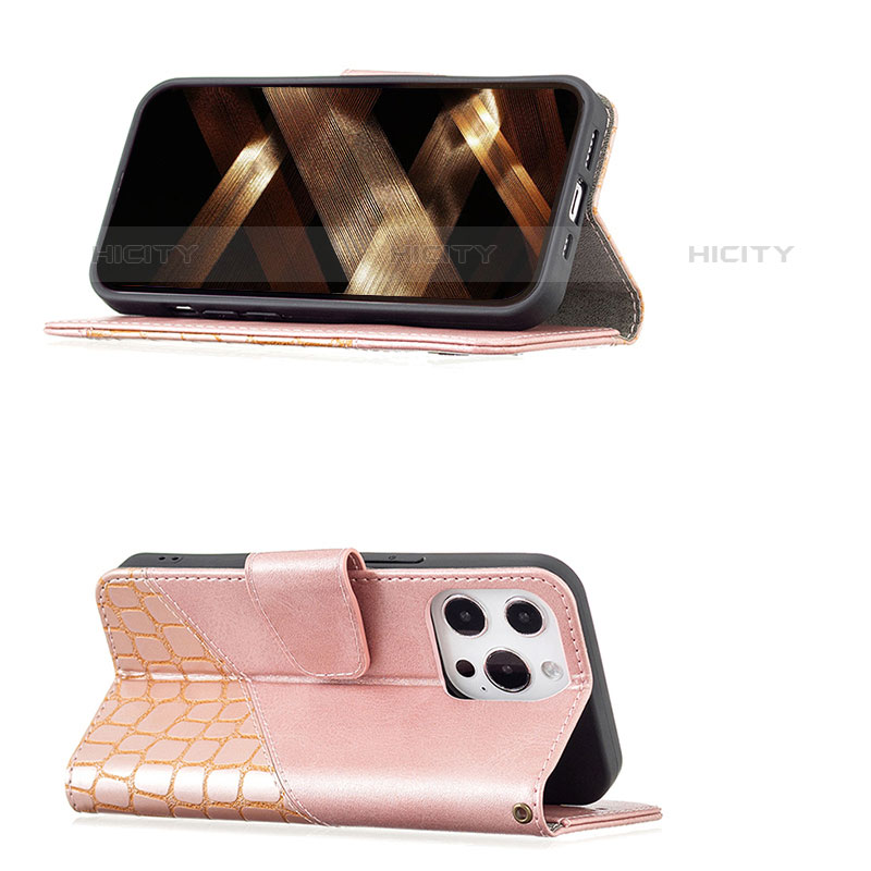 Funda de Cuero Cartera con Soporte Patron de Moda Carcasa L05 para Apple iPhone 15 Pro Oro Rosa