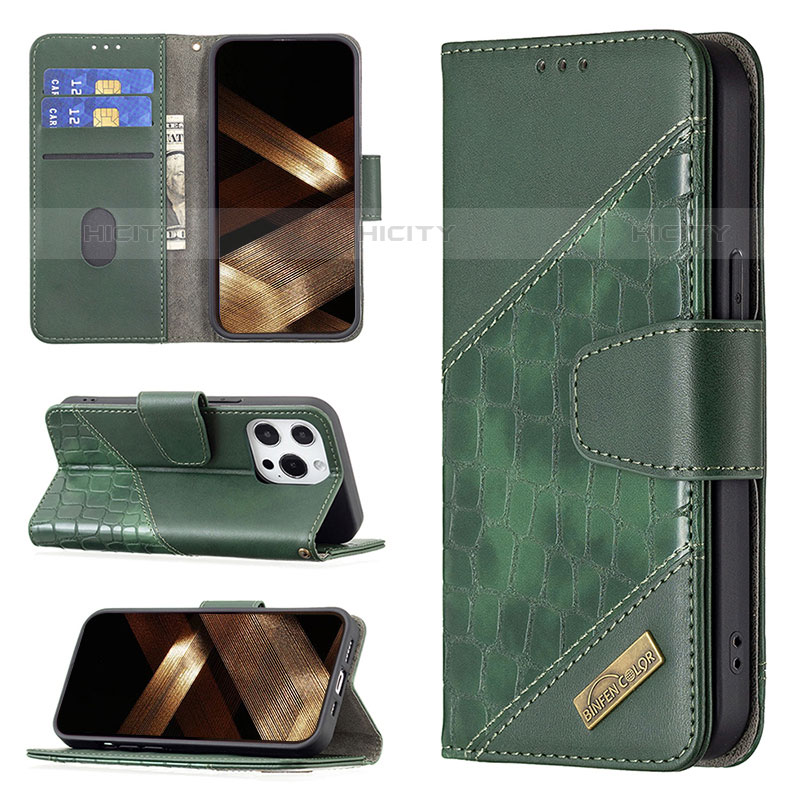 Funda de Cuero Cartera con Soporte Patron de Moda Carcasa L05 para Apple iPhone 15 Pro Verde