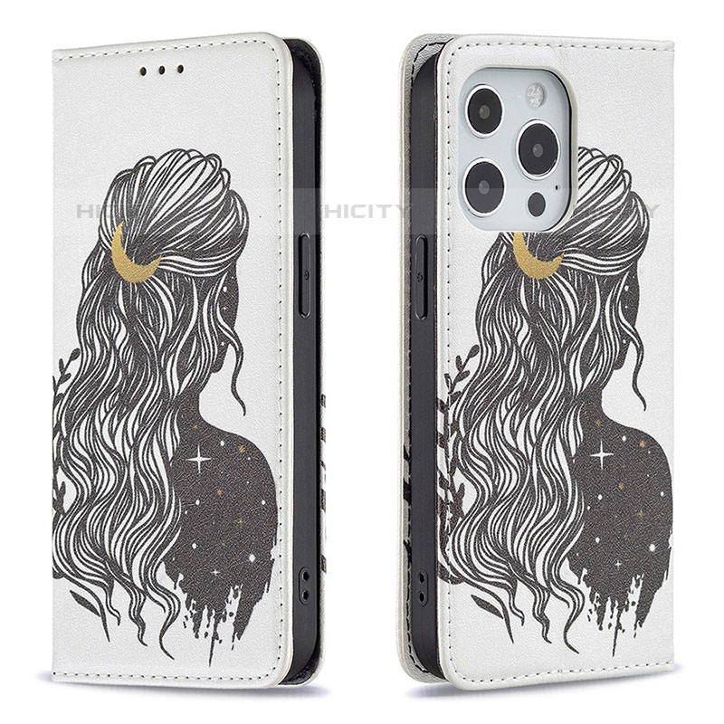 Funda de Cuero Cartera con Soporte Patron de Moda Carcasa para Apple iPhone 15 Pro Gris