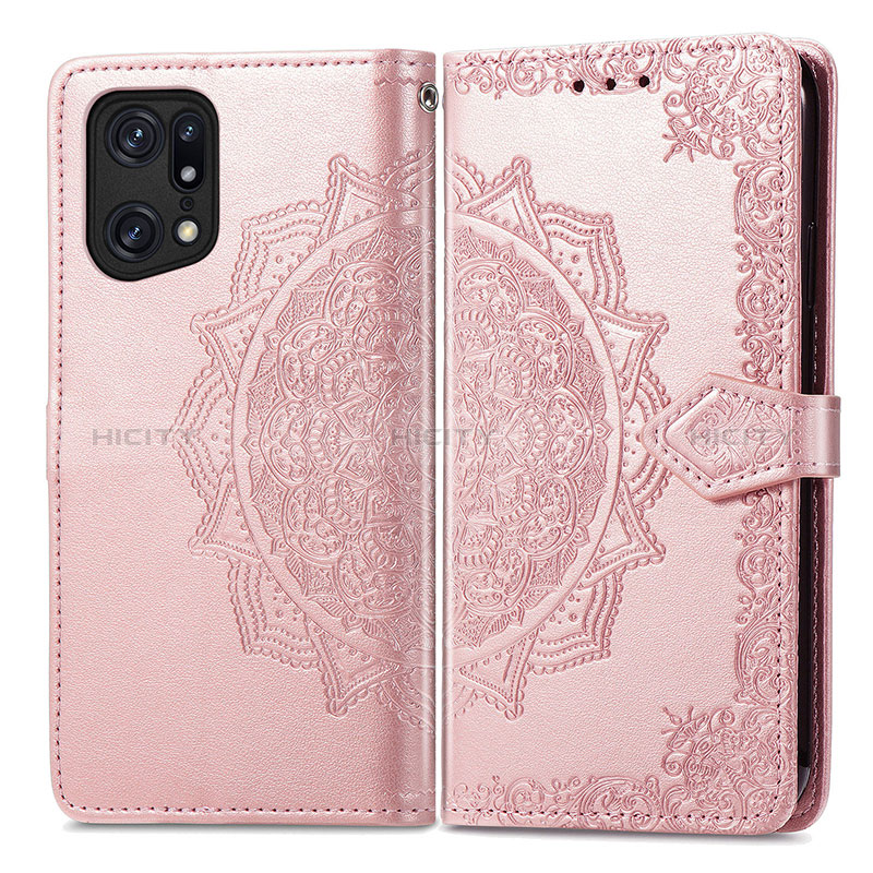 Funda de Cuero Cartera con Soporte Patron de Moda Carcasa para Oppo Find X5 5G Oro Rosa