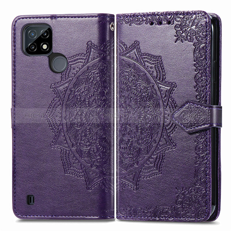 Funda de Cuero Cartera con Soporte Patron de Moda Carcasa para Realme C21Y Morado