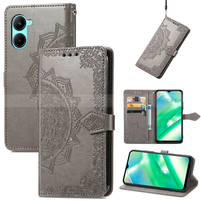 Funda de Cuero Cartera con Soporte Patron de Moda Carcasa para Realme C33 (2023) Gris