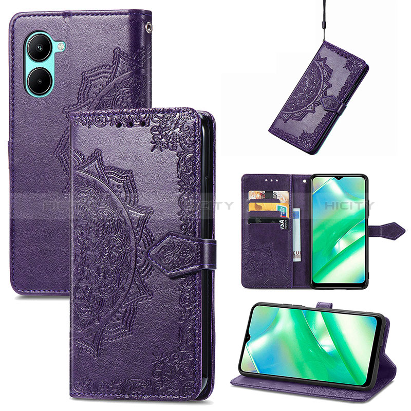 Funda de Cuero Cartera con Soporte Patron de Moda Carcasa para Realme C33 (2023) Morado